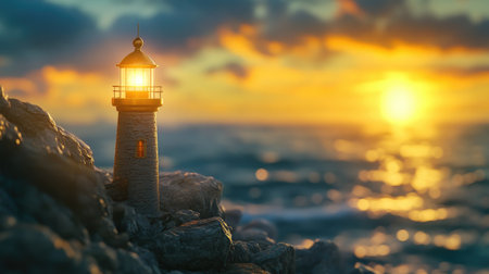 A miniature lighthouse perched on rocky cliffs by the ocean at sunrise, with soft golden light illuminating the scene, symbolizing hope and guidance.の素材