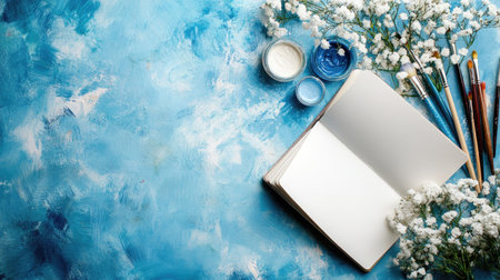 A creative workspace with an open sketchbook on a blue watercolor background, surrounded by brushes, paints, and delicate white and blue flowers, evoking artistic inspiration.の素材