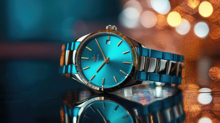 A luxurious turquoise watch with a glossy surface and sleek gold accents, ideal for sophisticated occasions and enhancing personal style with elegance.の素材