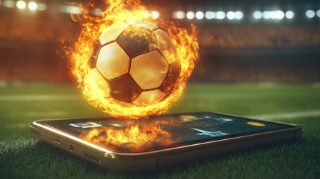 A soccer ball on fire, displayed on a phone screen with a stadium background, showcasing a sports app interface during an exciting match.の素材