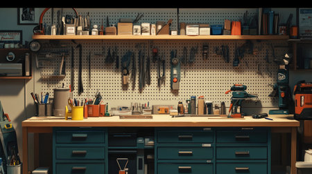 A tidy garage workbench filled with various tools, equipment, and materials, ready for use, creating a highly organized and functional setting.の素材