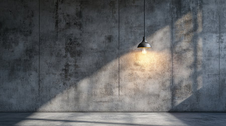 A minimalist grungy room with a concrete wall and a hanging lightbulb, evoking an urban, industrial vibe with shadows and textures.の素材