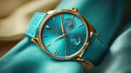 A stunning turquoise watch featuring a glossy finish and gold accents, exuding luxury and perfect for adding style and refinement to any special event.の素材