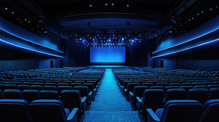 A stunning auditorium set for an immersive event, featuring a blue gradient stage and futuristic lighting, ready to captivate the audience.の素材