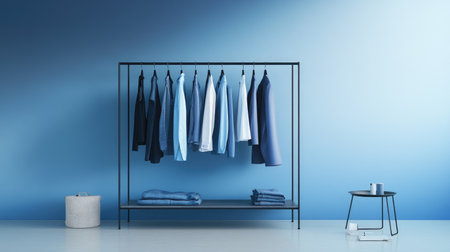 A sleek wardrobe rack with clothes arranged in gradient shades of Little Boy Blue, creating a chic monochrome display for a fashionable and cohesive look.の素材