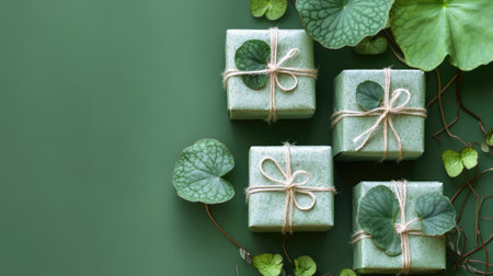 A trio of beautifully decorated gift boxes adorned with centella asiatica leaves, placed on a green backdrop, creating a refreshing and eco-friendly vibe.の素材