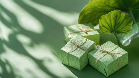 A trio of beautifully decorated gift boxes adorned with centella asiatica leaves, placed on a green backdrop, creating a refreshing and eco-friendly vibe.の素材