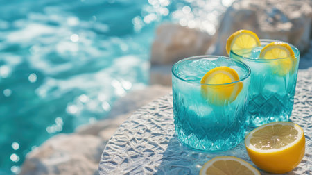 A set of vibrant turquoise cocktails with lemon slices on a textured table, overlooking the seaside for the ultimate stylish summer vibe.の素材