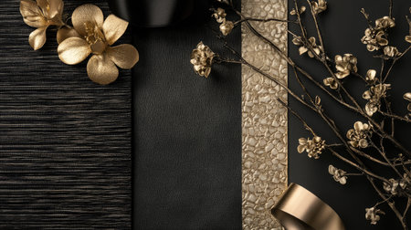 A luxurious mood board featuring a sleek black and gold color palette, textured surfaces, and elegant floral accents, exuding sophistication.の素材