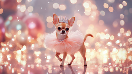 A stylish Chihuahua in a tutu and tiara confidently walks a reflective runway, surrounded by dazzling bokeh lights, showcasing playful elegance.の素材