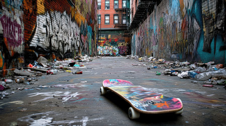A skateboard lies abandoned on the ground of a graffiti-covered urban alley, surrounded by colorful artwork on the walls and scattered trash, capturing the essence of street culture and urban decayの素材