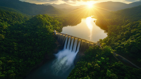 A wide view of a hydroelectric dam at sunset, cascading water illuminated by warm twilight, representing renewable power and environmental innovationの素材