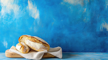 Crusty, warm mini loaves rest on a linen napkin in front of a bold blue wall, evoking a cozy kitchen ambianceの素材