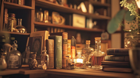 A warm-lit miniature scene filled with vintage books, bottles, and antique objects, creating a nostalgic atmosphere reminiscent of a collector cabinetの素材