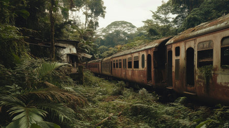 An abandoned vintage train rusts in the historic Paranapiacaba village, showcasing English architecture amidst overgrown greenery and nostalgiaの素材