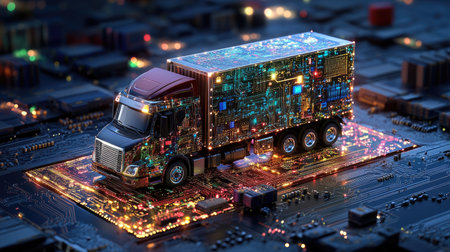 Modern cargo truck moves over a glowing circuit board, symbolizing high-tech logistics, connectivity, and fast-paced delivery systemsの素材