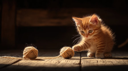 A kitten playfully chasing a ball of yarn across a wooden floorの素材