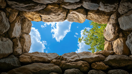 A rough stone wall frames a vivid blue sky through a natural opening, evoking wonder and curiosity about the world beyond the weathered stonesの素材