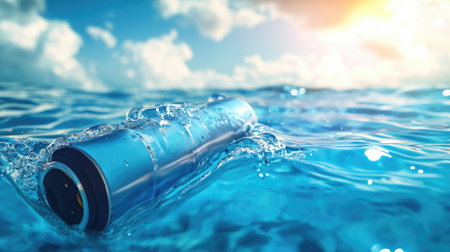 A battery partially submerged in clear blue water, with bright skies above, highlighting the battery's water resistance and durability. Concept: Battery, Water Resistance, Durabilityの素材