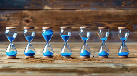 Collection of hourglasses lined up with fine blue sand marking time, minimalist conceptの素材