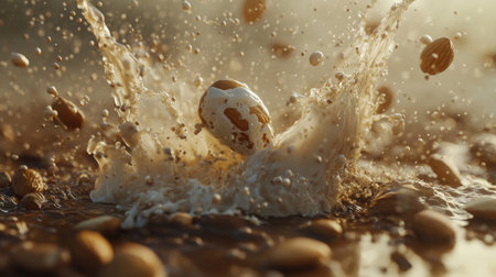 A dynamic splash of almond milk swirling with almonds, creating an organic, vegan liquid scene that highlights freshness and purity. Concept: Almond Milk, Splash Effect, Organic Veganの素材