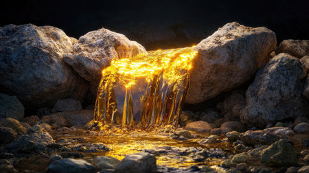 Molten golden liquid cascades smoothly over dark rocks, illuminated to evoke mystery, transformation, and the allure of hidden treasuresの素材