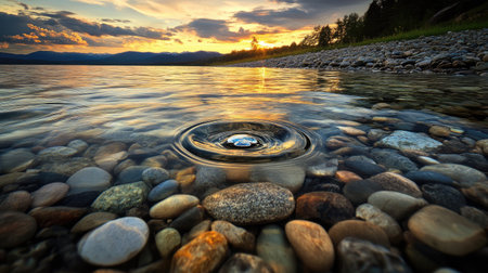 A single water droplet creates ripples in twilight river, softly revealing smooth pebbles beneath the surfaceの素材