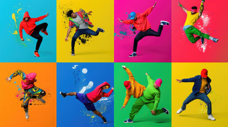 Neon-themed collage of men and women performing breakdance moves, colorful high-energy actionの素材