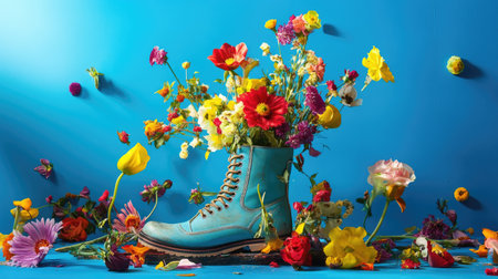 Creative floral setup with boot vase and blue backgroundの素材