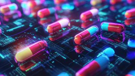 Colorful capsules and tablets arranged on a digital interface, highlighting pharmacokinetics and molecular pathways, illuminated with vibrant lights.の素材