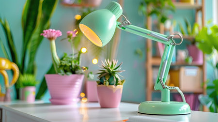 Stylish mint green desk lamp on a white desk in a cozy modern room, pop of pastel colorの素材