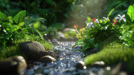 Nature scene with soft flowing stream, lush green, and peaceful vibe reflecting Earth gentle rhythmの素材