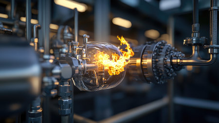 Industrial refinery emits flame into twilight, signaling energy production and environmental tensionの素材