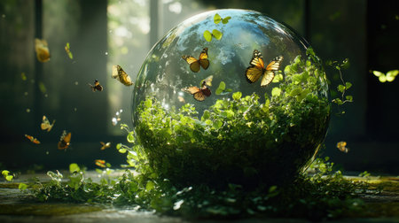 Peaceful globe nestled in green sprigs, butterflies suspended mid-flightの素材