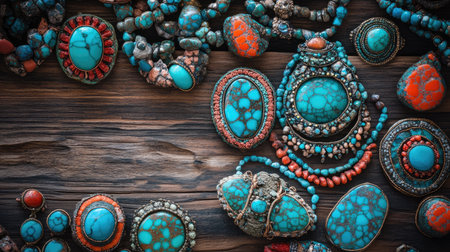 Handcrafted turquoise jewelry arranged beautifully on a dark brown wooden surface, with coral accents enhancing the vibrant, artisanal appeal.の素材