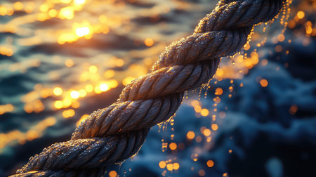 A detailed shot of a nautical rope knot, wet with sea spray, glistening under the warm light of a sunset, evoking a coastal, serene feeling.の素材