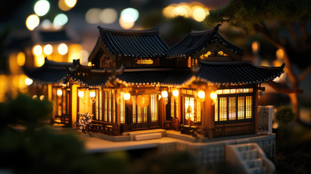 A miniature Asian restaurant model illuminated at night, with warm lights glowing through windows, showcasing traditional architecture and peaceful ambiance.の素材