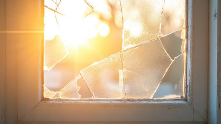 A close-up of a shattered window, with sunlight pouring through the cracks, creating an artistic and dramatic effect. Concept: Broken Window Art, Sunlight Through Glass, Shattered Effectの素材