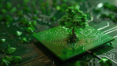 image of digital tree sprouting from green circuit board, fusion of nature and techの素材