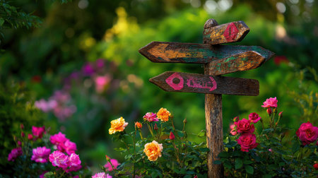 An old signpost with arrows pointing to dreamlike destinations, surrounded by colorful rose blossomsの素材