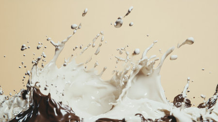 A dramatic splash of chocolate and milk with droplets splattering against a beige background, creating a visually dynamic and mouth-watering composition. Concept: Chocolate and Milk Splash, Dynamic Visual Compositionの素材