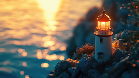 A miniature lighthouse perched on rocky cliffs by the ocean at sunrise, with soft golden light illuminating the scene, symbolizing hope and guidance.の素材