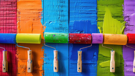 Rainbow-colored paint rollers with splattered handles, DIY renovation or art backgroundの素材