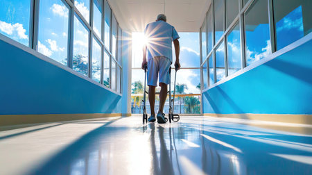 Rehab scene: aging patient with walker taking first steps in brightly lit modern facilityの素材