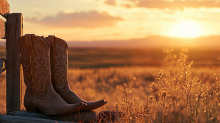 A close-up of rugged cowboy boots resting against a wooden fence, with a beautiful sunset casting warm light over the serene landscape.の素材
