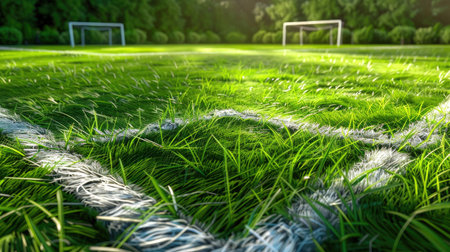 High-angle 3D illustration of a football field with vibrant green turf and detailed layoutの素材