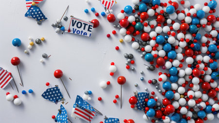 Red, white, and blue "Vote" pins filling the frame, election-themed background for civic engagementの素材