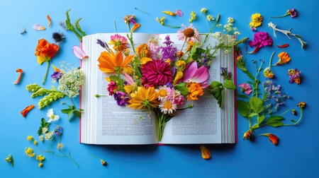 Flat lay of open pages with a vibrant floral crown resting across the centerの素材