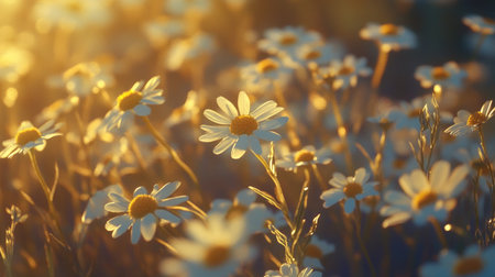Wild chamomile flowers in full bloom in a herb garden, illuminated by soft natural sunlight during the daytime, adding beauty and serenity to the scene.の素材
