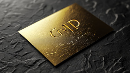 An elegant gold VIP card showcasing a sleek metallic finish with embossed lettering, set against a sophisticated black textured background.の素材